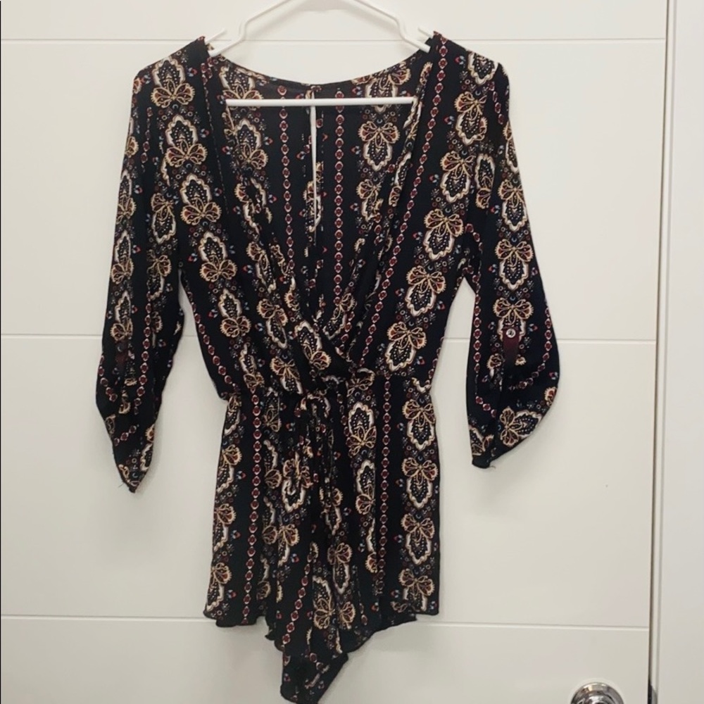 Black Gipsy Print Mini Deep V Romper